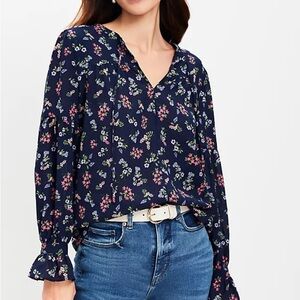 NWOT - Floral Blue Ruffle Cuff Tie Neck Sheer Blouse - Small